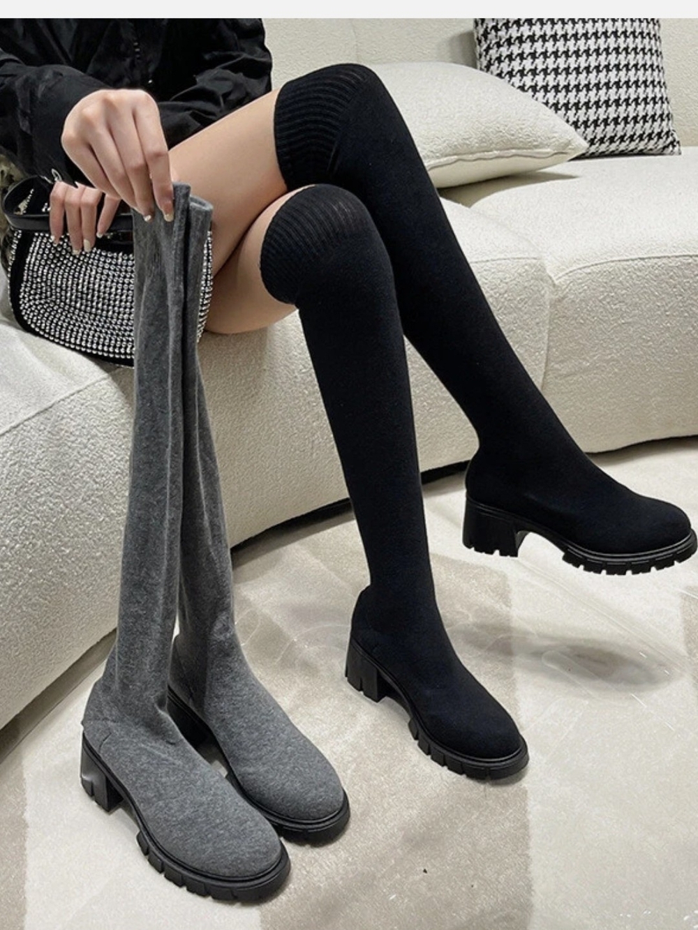 Gray Over-the-Knee Knit Platform Boots, "Sock Boots" Sz 6/ 6.5 - Picture 4 of 7